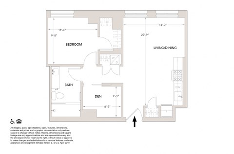 L One Bedroom + Den Floor Plan at Book Tower, Detroit, MI, 48226